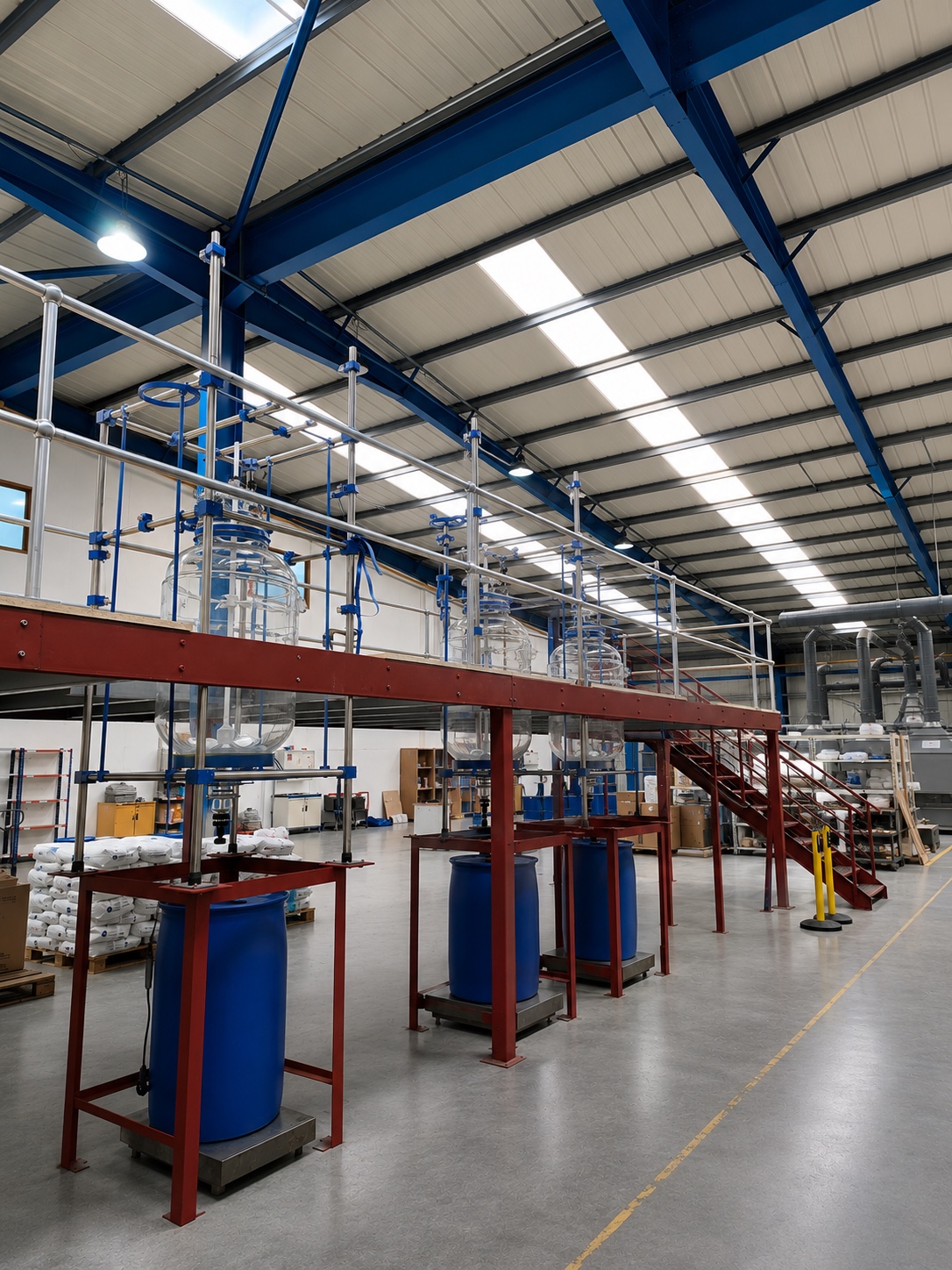 Molekula production mezzanine with glass reactor vessels mounted over blending drums