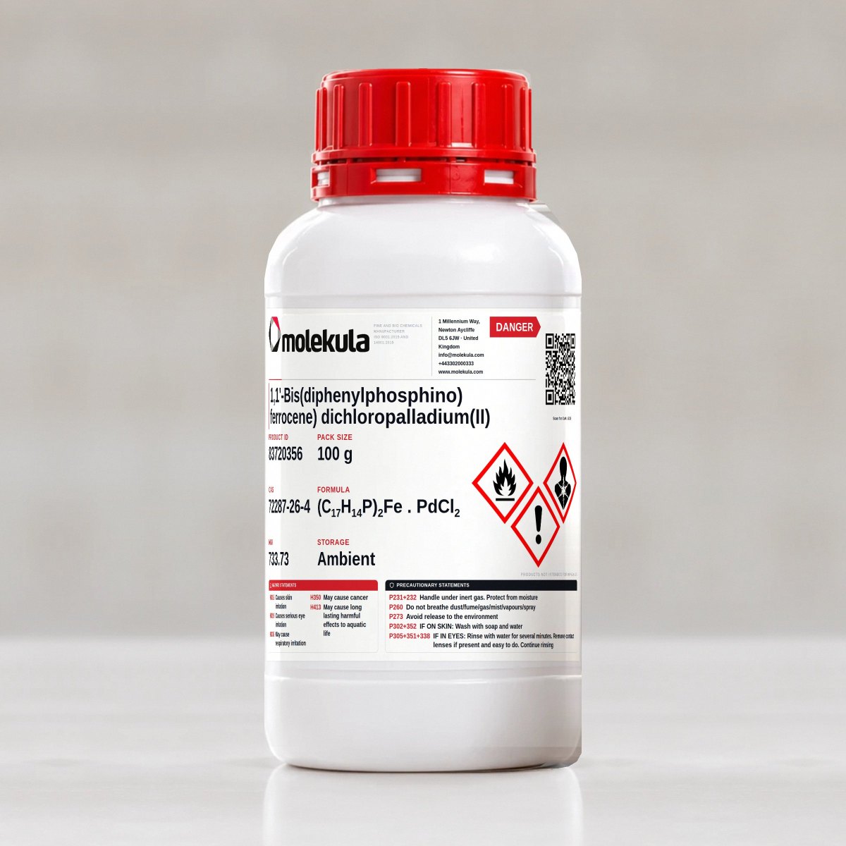 1,1'-Bis(diphenylphosphino) ferrocene) dichloropalladium(II), 100 g pack