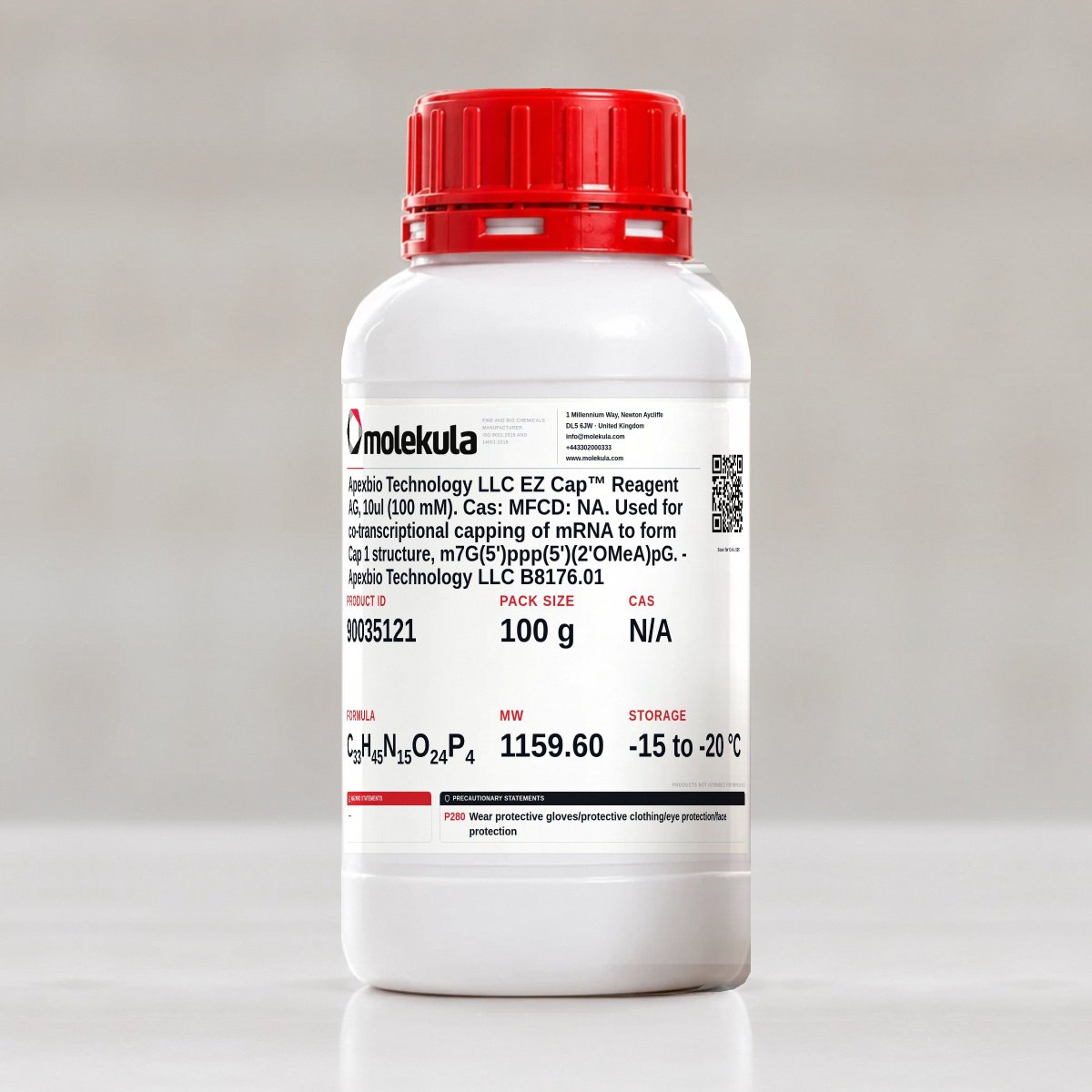Apexbio Technology LLC EZ Cap™ Reagent AG, 10ul (100 mM). Cas: MFCD: NA. Used for co-transcriptional capping of mRNA to form Cap 1 structure, m7G(5')ppp(5')(2'OMeA)pG. - Apexbio Technology LLC B8176.01, 100 g pack