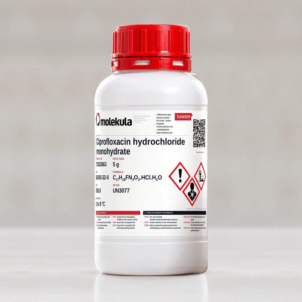 Ciprofloxacin hydrochloride monohydrate, 5 g pack