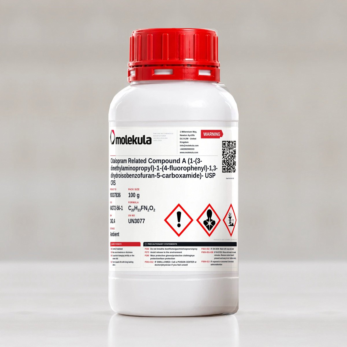 Citalopram Related Compound A (1-(3-dimethylaminopropyl)-1-(4-fluorophenyl)-1,3-dihydroisobenzofuran-5-carboxamide)- USP CRS, 100 g pack