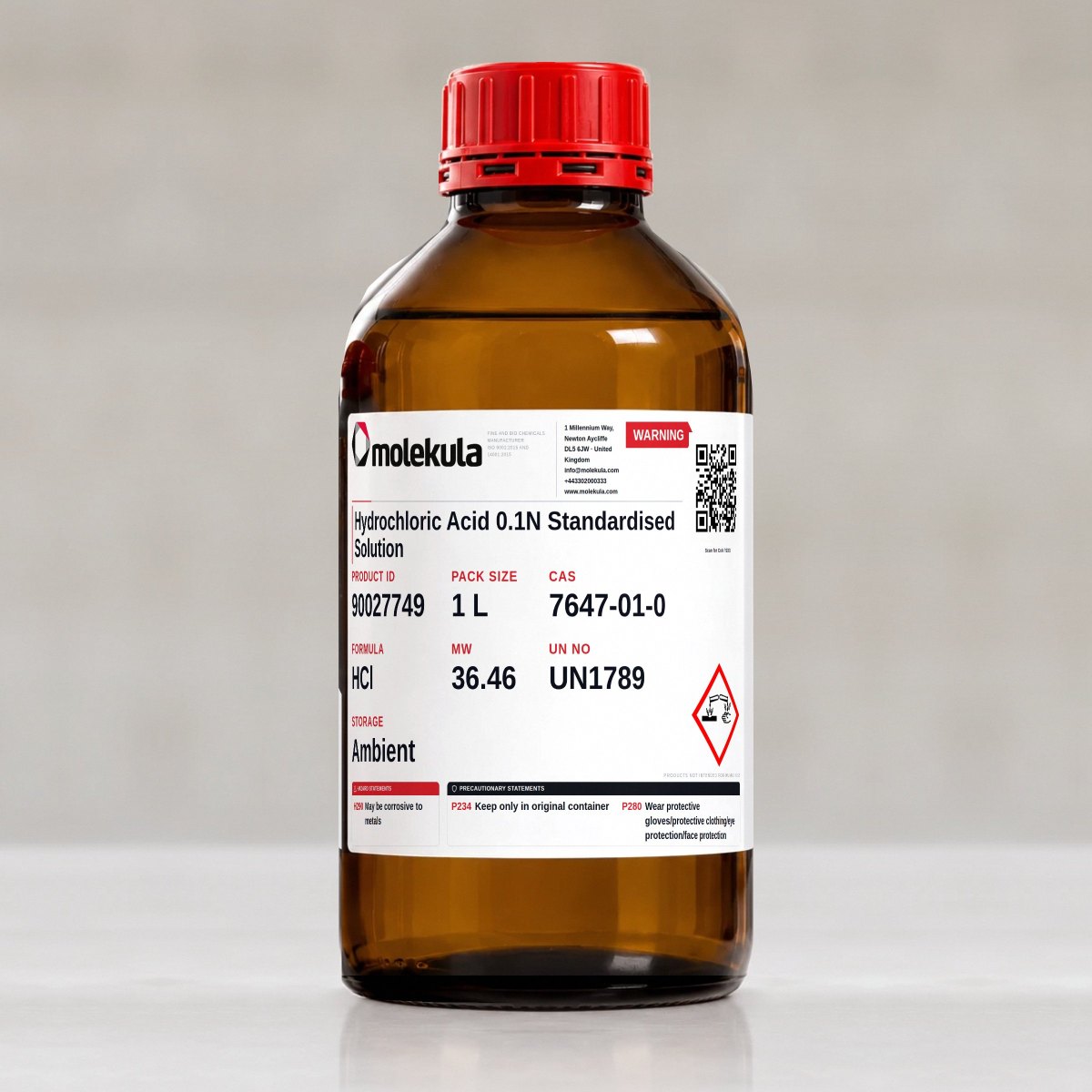 Solution étalon d'acide chlorhydrique 0,1 N, conditionnement 1 L