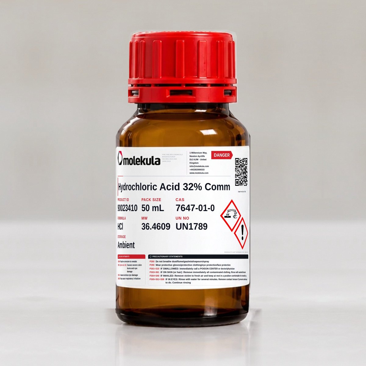 Hydrochloric Acid 32% Comm, 50 mL pack