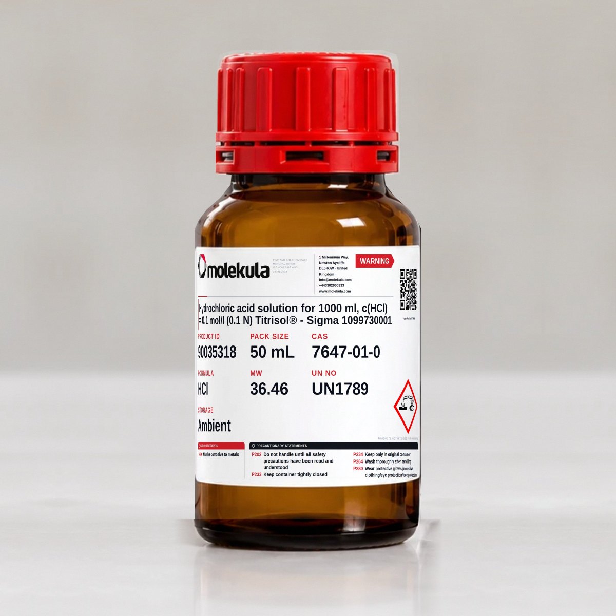 Hydrochloric acid solution for 1000 ml, c(HCl) = 0.1 mol/l (0.1 N) Titrisol® - Sigma 1099730001, 50 mL pack