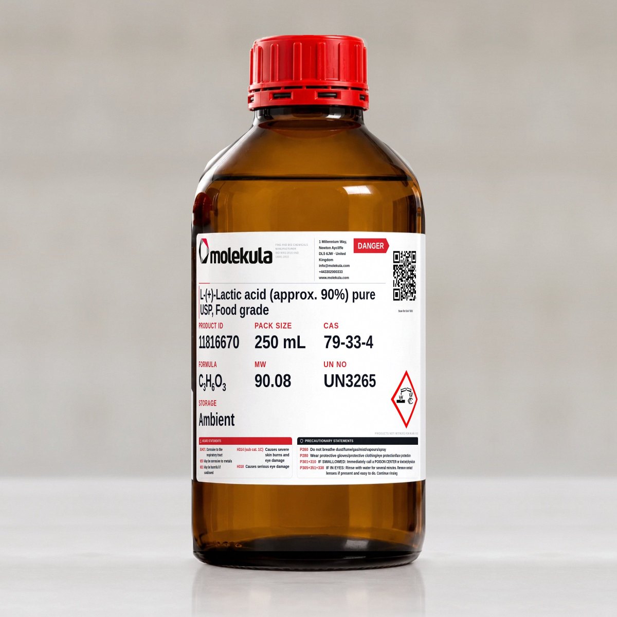 L-(+)-Lactic acid (approx. 90%) pure USP, Food grade, 250 mL pack