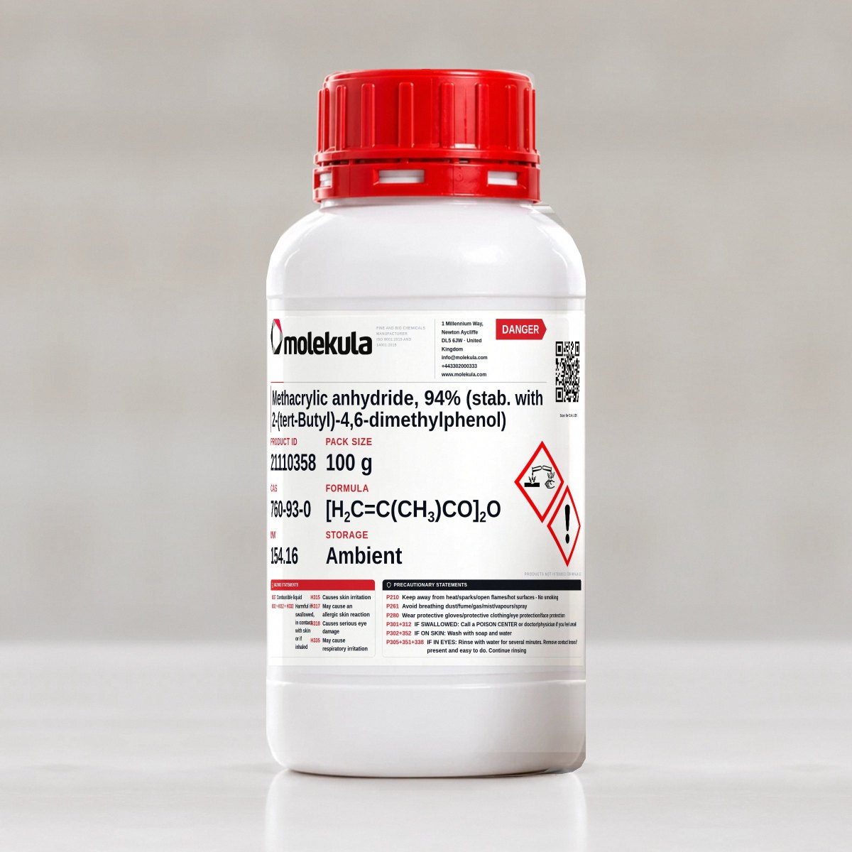 Methacrylic anhydride, 94% (stab. with 2-(tert-Butyl)-4,6-dimethylphenol), 100 g pack