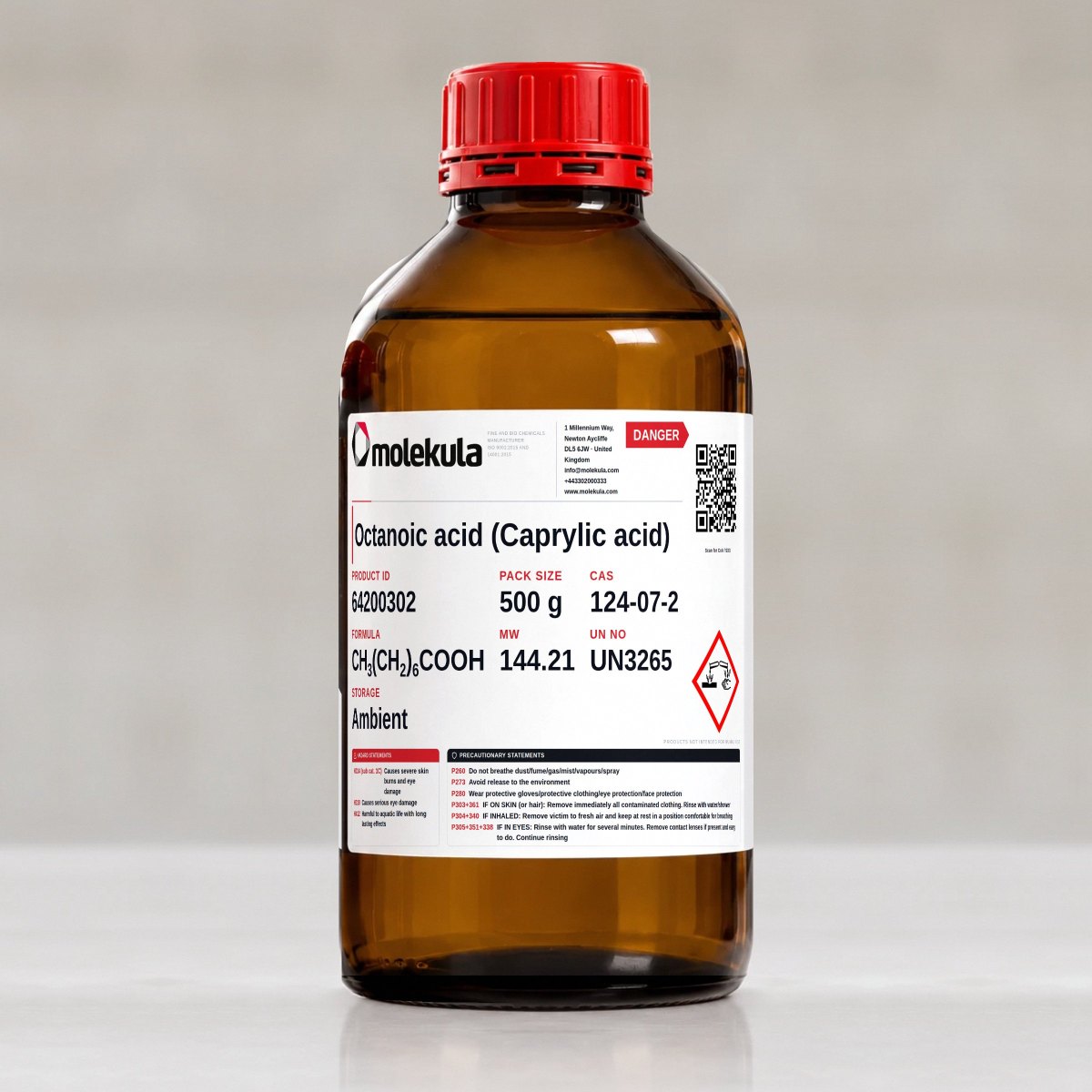 Octanoic acid (Caprylic acid), 500 g pack