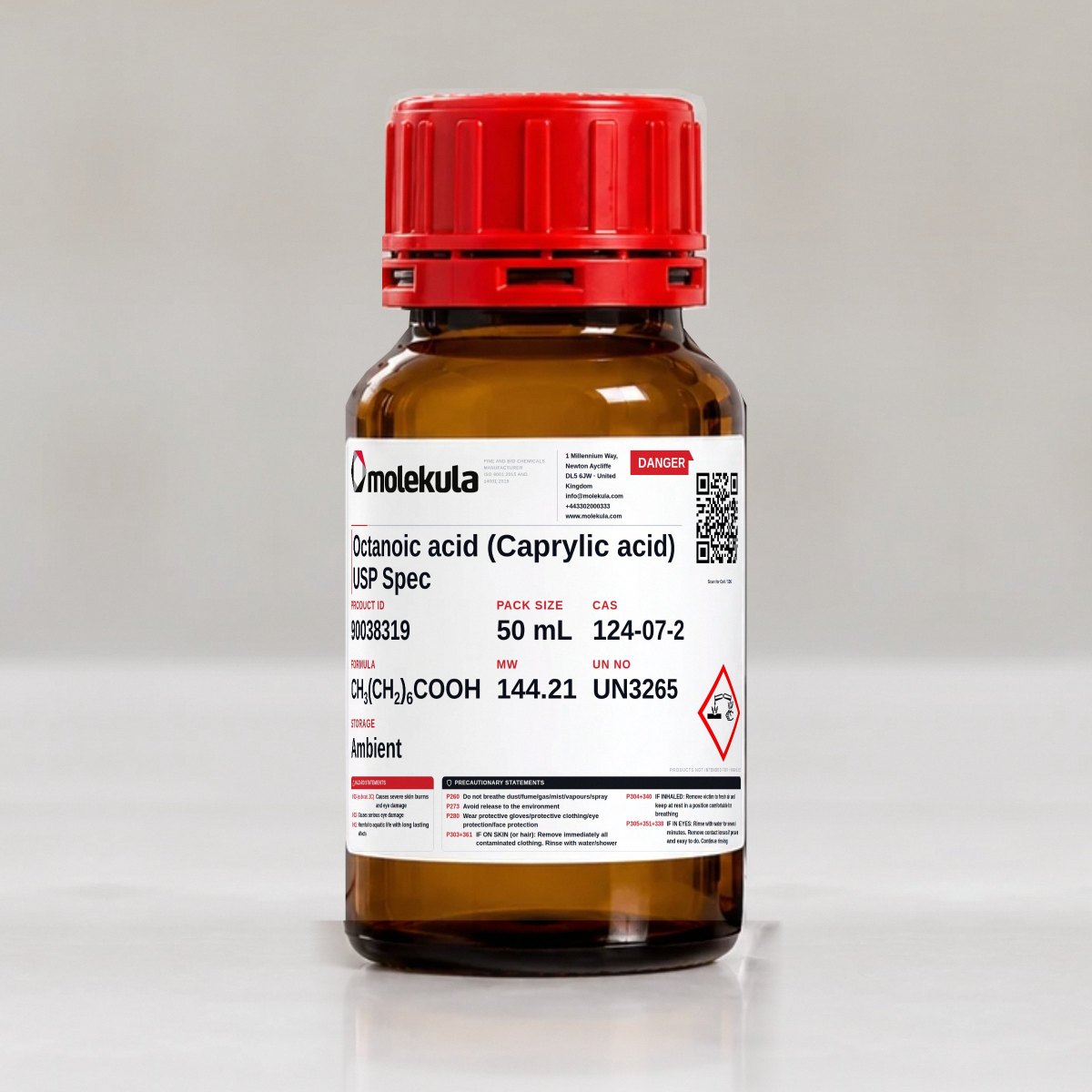 Octanoic acid (Caprylic acid) USP Spec, 50 mL pack
