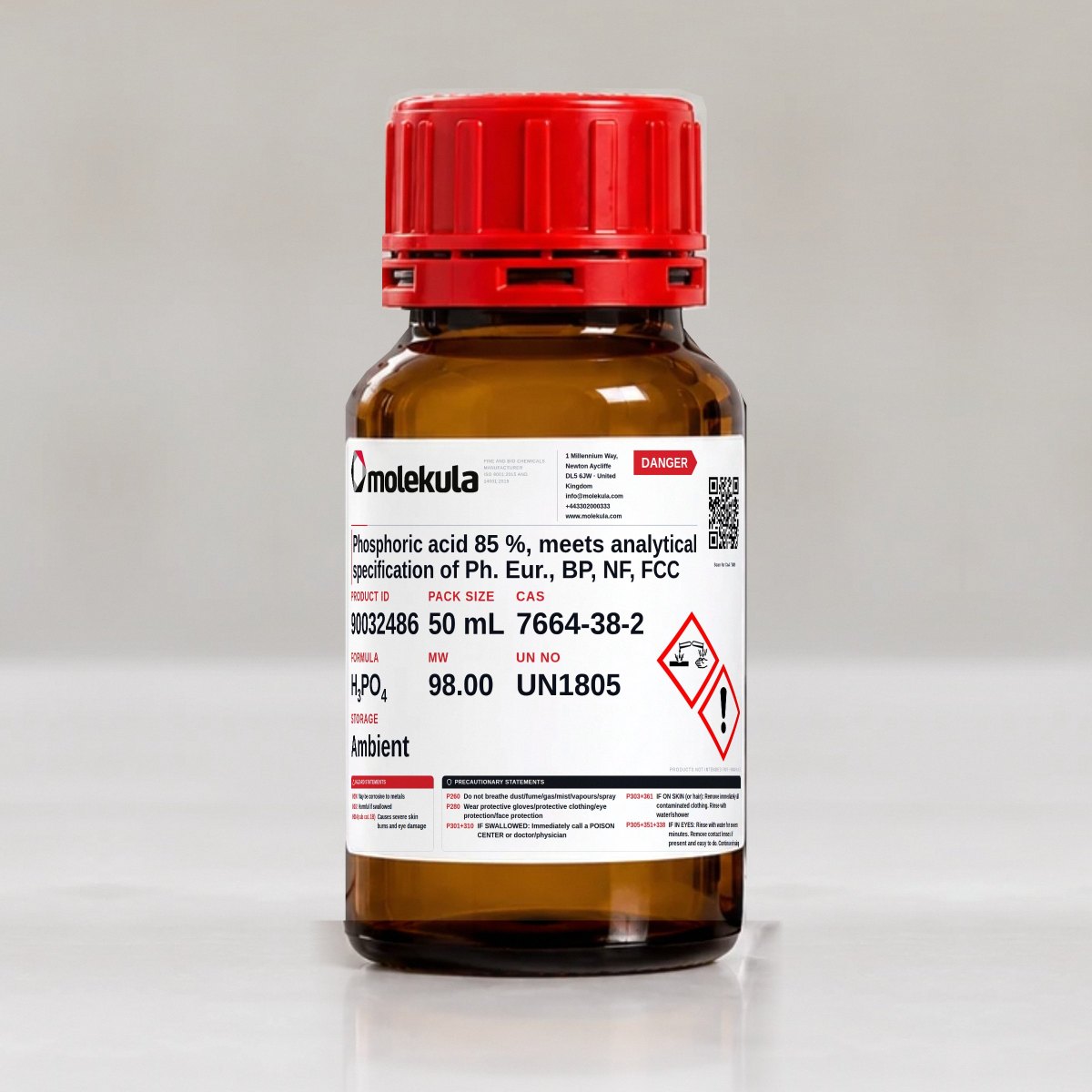 Phosphoric acid 85 %, meets analytical specification of Ph. Eur., BP, NF, FCC, 50 mL pack