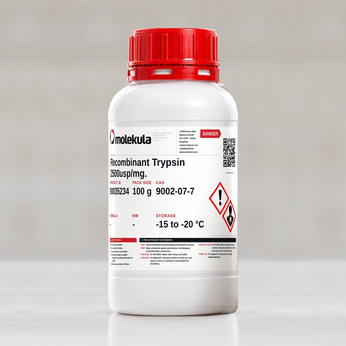 Recombinant Trypsin 2500usp/mg., 100 g pack