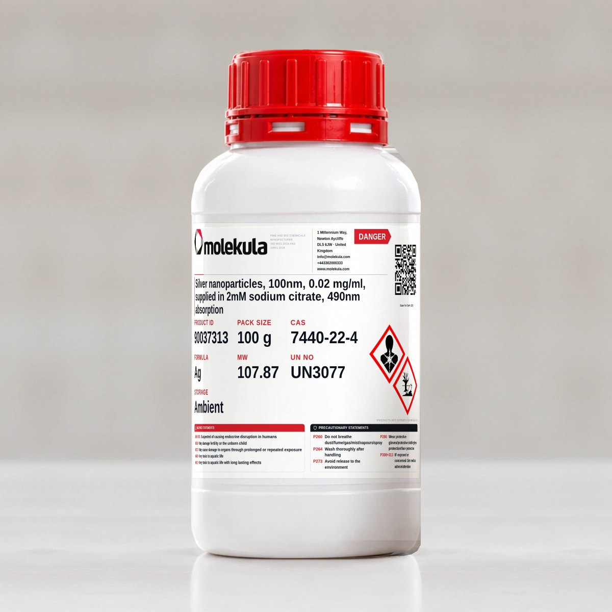 Silver nanoparticles, 100nm, 0.02 mg/ml, supplied in 2mM sodium citrate, 490nm absorption, 100 g pack