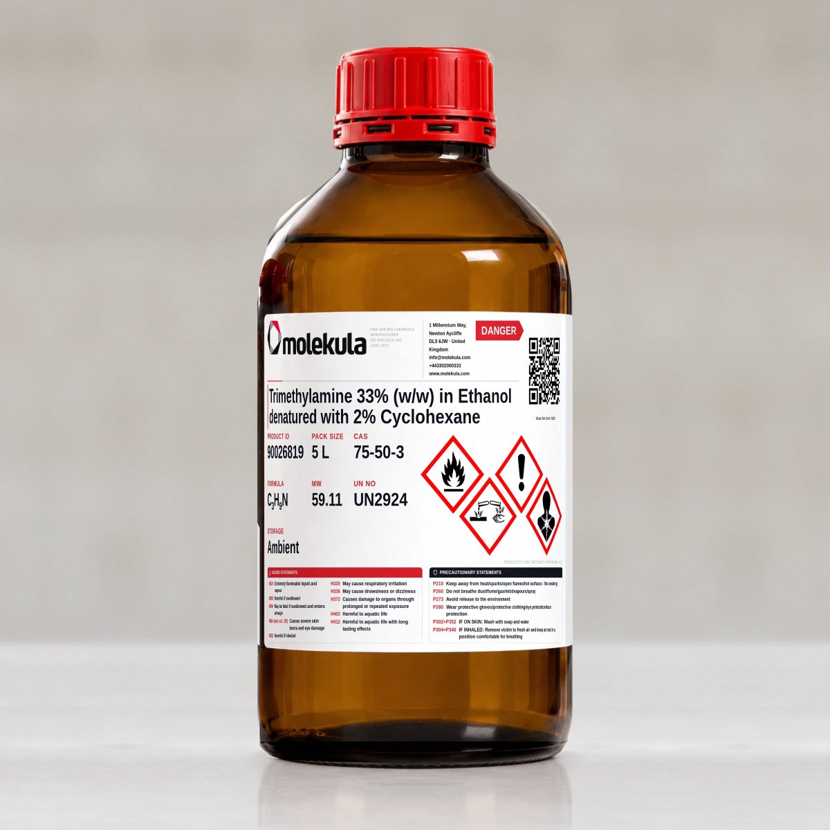 Trimethylamine 33% (w/w) in Ethanol denatured with 2% Cyclohexane, 5 L pack
